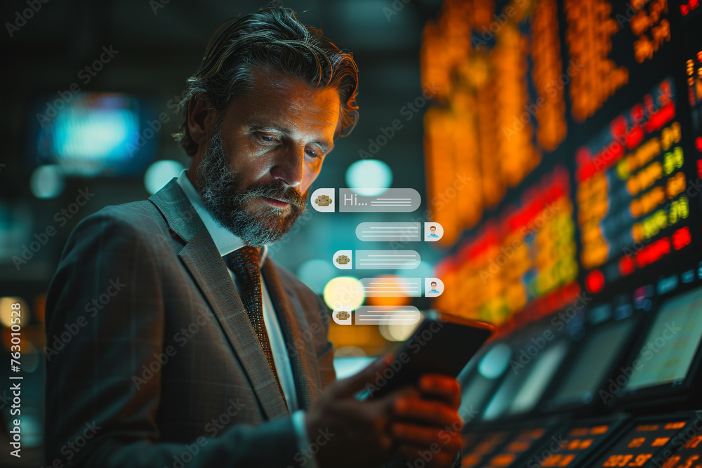 Businessman using smart phone and touching on virtual screen contact ...