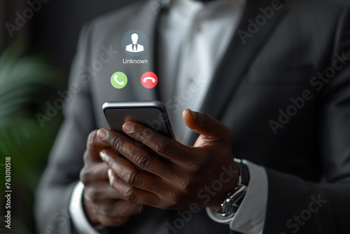 Unknown number calling in the middle of the night. Phone call from stranger. Man answering to incoming call. Phone call from unknown number. Call center gang, scammer or stranger.	 photo