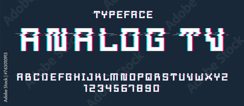 Glitch noisy geometric vector font in analog style, futuristic cyberpunk typeface with digital grunge effect, matrix typography alphabet letters and numbers.