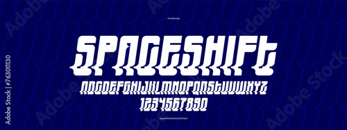 Bended and deformed display font for logos and posters, vector distorted and twisted italic typeface for headlines and advertising, letters and numbers alphabet typography.