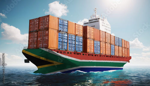 Ship with South Africa flag. Sending goods from South Africa across ocean. South Africa marine logistics companies. Transportation by ships from South Africa.
