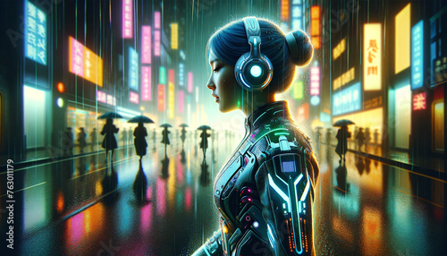 digital art image of a woman in a high-tech suit walking through a brightly colored city at night