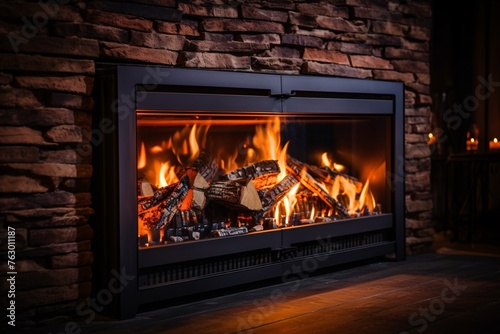 a fireplace with firewood burning in it