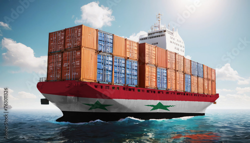 Ship with Syria flag. Sending goods from Syria across ocean. Syria marine logistics companies. Transportation by ships from Syria.