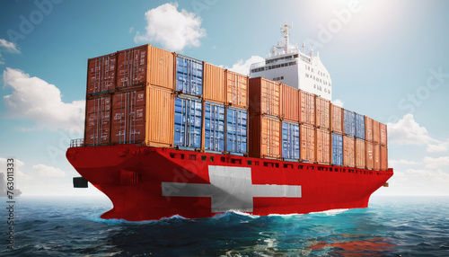 Ship with Switzerland flag. Sending goods from Switzerland across ocean. Switzerland marine logistics companies. Transportation by ships from Switzerland.