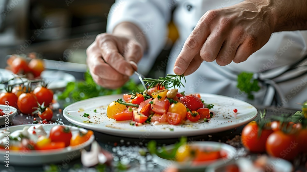 Chef in action garnishing a gourmet dish with fresh herbs. professional kitchen setting. cooking, culinary art and presentation. healthy eating concept. AI