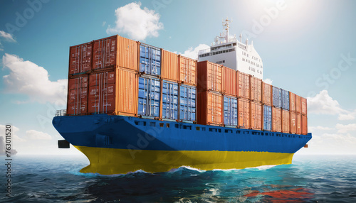 Ship with Ukraine flag. Sending goods from Ukraine across ocean. Ukraine marine logistics companies. Transportation by ships from Ukraine.