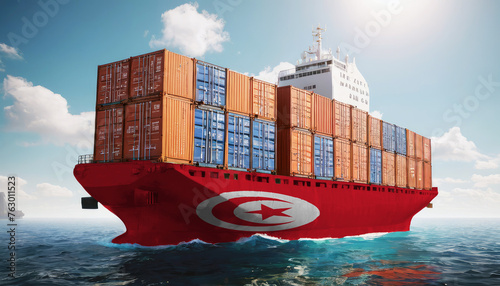 Ship with Tunisia flag. Sending goods from Tunisia across ocean. Tunisia marine logistics companies. Transportation by ships from Tunisia.