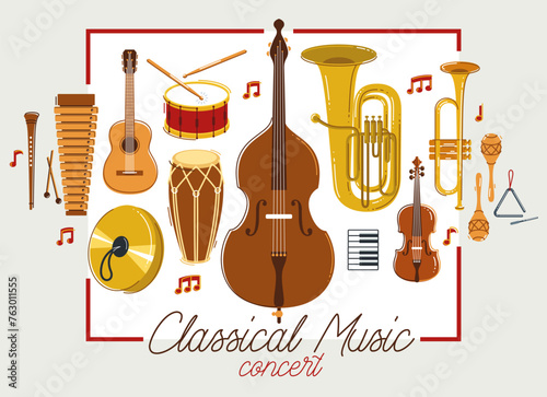 Classical music instruments poster vector flat style illustration, classic orchestra acoustic flyer or banner, concert or festival live sound, diversity of musical tools.