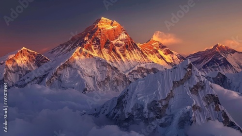 At sunset, Mount Everest looms majestically, its summit cloaked in snow, marking the pinnacle of the world's highest peaks.