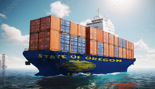 Ship with Oregon flag. Sending goods from Oregon across ocean. Oregon marine logistics companies. Transportation by ships from Oregon.