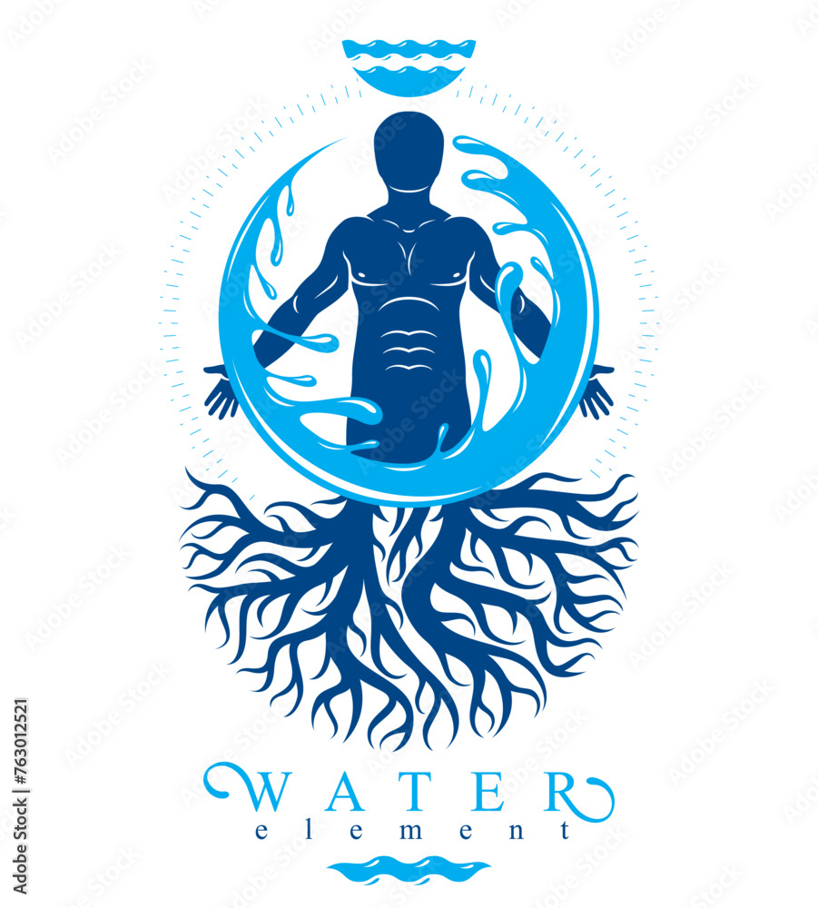 Vector graphic illustration of muscular human, individual created with tree roots and surrounded by a water ball. Human water reserves metaphor. Vector graphic illustration of muscular human, individual created with tree roots and surrounded by a water ball. Human water reserves metaphor.