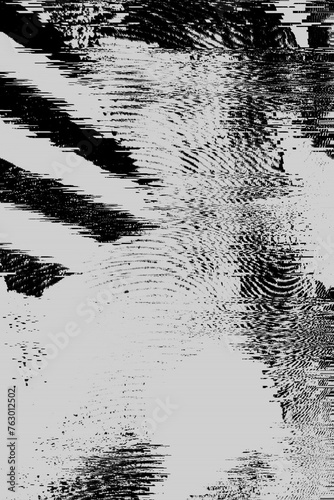 Abstract distorted black white motion glitch overlay effect distress texture. Monochrome interlaced digital background. Futuristic striped glitched grunge, retro 90s, lo-fi brutal cyberpunk design