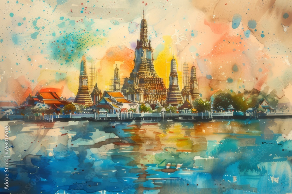 Fascinating watercolor paintings of Wat Arun A stunning Buddhist temple in Bangkok, Thailand, famous for its ornate spire.