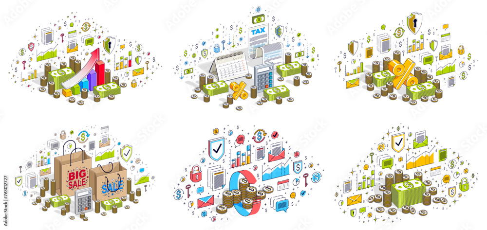 Different finance concepts illustrations 3D vector set isolated on white background, business and money conceptual designs collection, savings, bank, contract, income, safety, online.