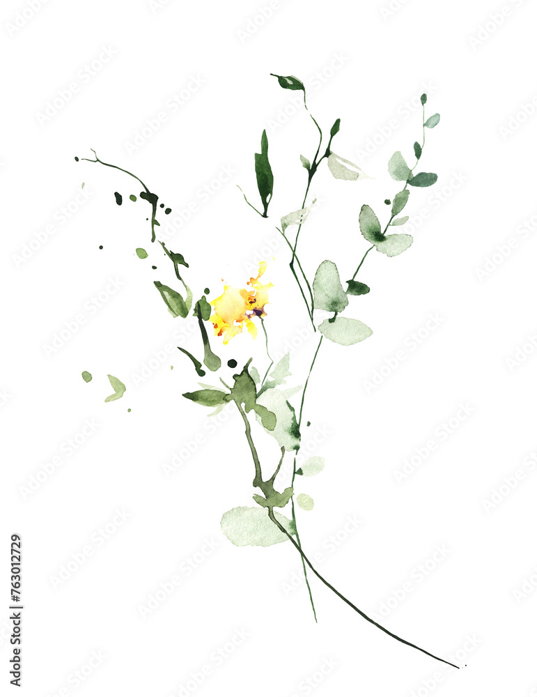 Watercolor floral bouquet on white background. Yellow wild flowers, green eucalyptus, herbs, leaves and twigs.