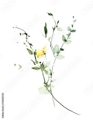 Fototapeta Naklejka Na Ścianę i Meble -  Watercolor floral bouquet on white background. Yellow wild flowers, green eucalyptus, herbs, leaves and twigs.