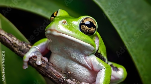 Australian white tree frog on leaves dumpy frog on bra photo
