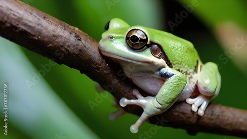 Australian white tree frog on leaves dumpy frog on bra