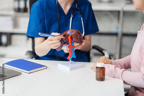 Caucasian liver professional female doctor explain to asian female patient using human liver model at desk in medical room, Liver cancer and Tumor, Jaundice, Viral Hepatitis A, B, C, D, E, cirrhosis photo