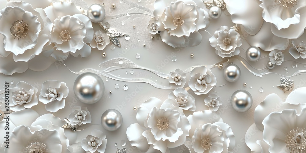 Elegant white floral pattern with pearls on a pastel background. perfect for wedding design, luxury wallpaper or textile. exquisite and delicate decor style. AI Elegant white floral pattern with pearls on a pastel background. perfect for wedding design, luxury wallpaper or textile. exquisite and delicate decor style. AI