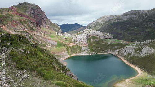 Mountain Lake in Somiedo National Park, Asturias, North Spain - Aerial 4k Circling photo