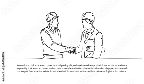 One line continuous of contractors work together. Minimalist style vector illustration in white background.