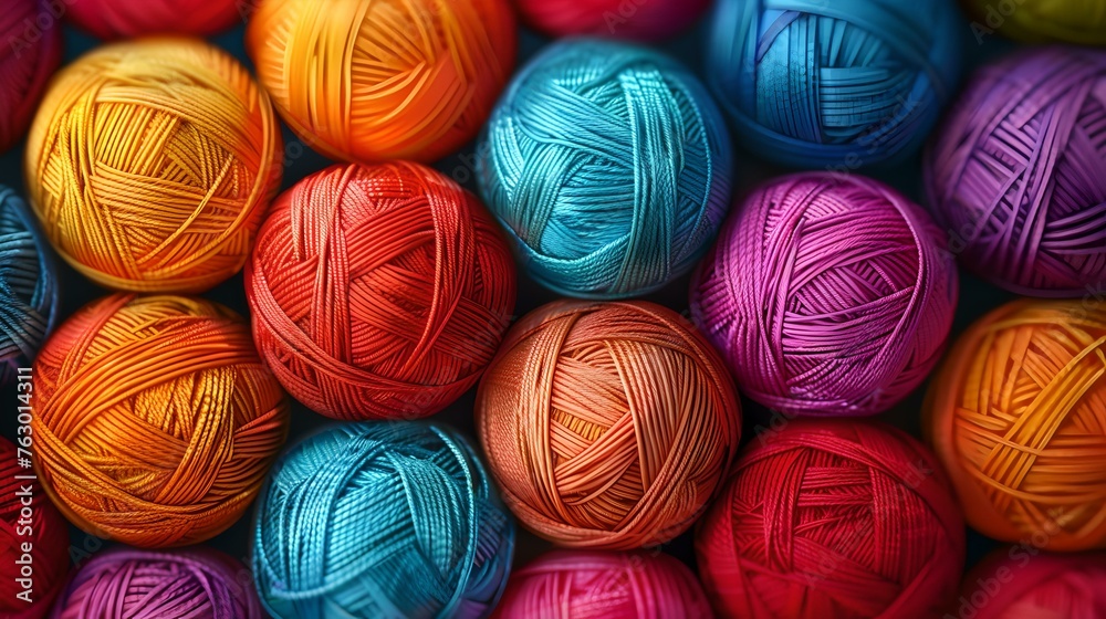 Colorful yarn balls neatly arranged fill the frame, vibrant and eye-catching. perfect for art and craft themes. ideal for design backgrounds. AI Colorful yarn balls neatly arranged fill the frame, vibrant and eye-catching. perfect for art and craft themes. ideal for design backgrounds. AI