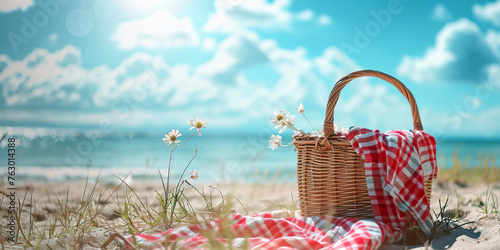 Picnic basket on sunny beach. Picnic background