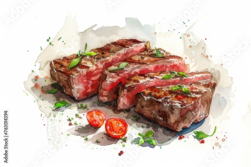 A delicious watercolor image of a perfectly grilled steak. Revealing the juicy texture