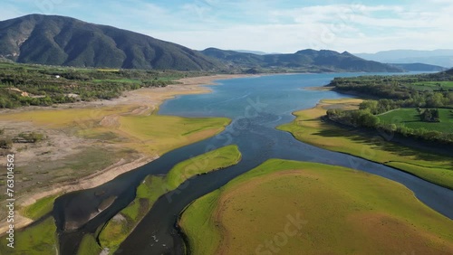 Water Reservoir Lake and Scenic Nature Landscape in Lleida, Catalonia, Spain - Aerial 4k