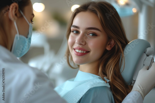 Dentist explain oral care from teeth x-ray to patient at dental clinic. Attractive woman patient lying on dental chair get dental treatment from doctor during procedure appointment service in hospital