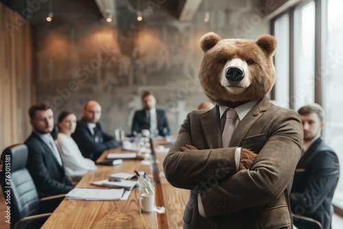 Businessman bear standing in office conference room, as bearish market sentiment. Trading charts, concept of financial markets trading, with bulls and bears indicating market trends.