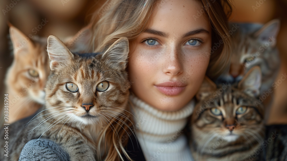 A smiling woman with long hair lovingly holds a fluffy cat in her arms A smiling woman with long hair lovingly holds a fluffy cat in her arms