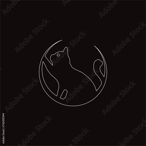 Cat line illustration icon vector . Circle line art cat animal logo design