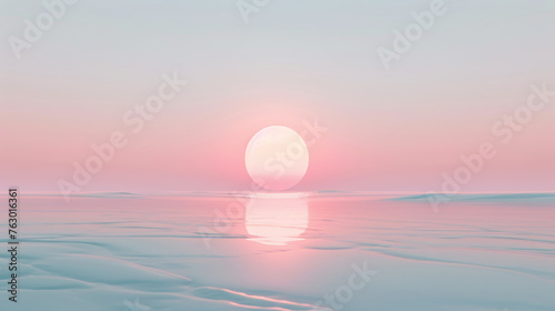 Serene sunrise over calm waters with soft pink hues. Minimalistic landscape with pastel sunrise for meditation and tranquility concept with place for text for design and print