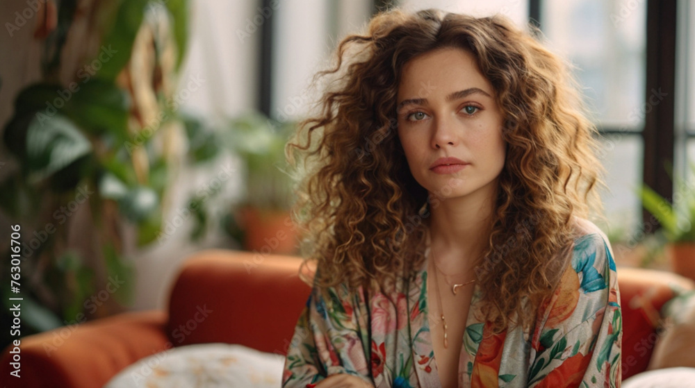 Portrait of beautiful artist woman with long curly hair wearing floral kimono relaxing in her apartment full of houseplants. Portrait of beautiful artist woman with long curly hair wearing floral kimono relaxing in her apartment full of houseplants.