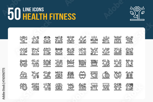 Set of 50 icons of Health Fitness Icon related to Wellness, Fitness, Exercise, Yoga Line Icon Collection