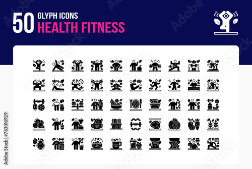 Set of 50 icons of Health Fitness Icon related to Wellness, Fitness, Exercise, Yoga Glyph Icon Collection