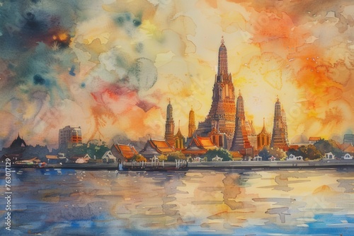 Fascinating watercolor paintings of Wat Arun A stunning Buddhist temple in Bangkok, Thailand, famous for its ornate spire.