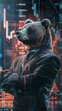 Businessman with bear head standing in office, as bearish market sentiment. Trading charts, concept of financial markets trading, with bulls and bears indicating market trends.