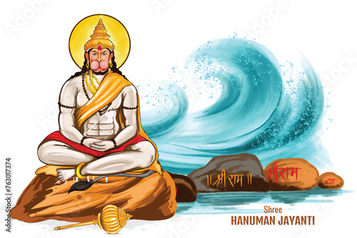 Lord hanuman on religious background for sri hanuman jayanti card design