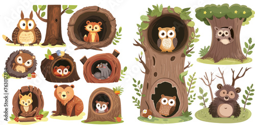 Cartoon forest animals inside hollow, burrow and nest