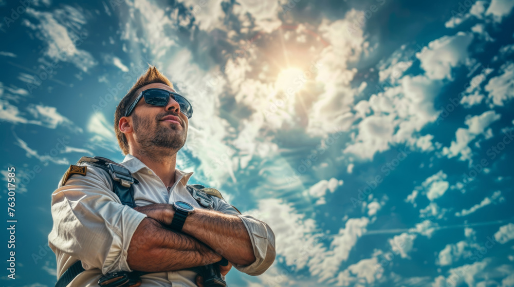 Handsome man with backpack and sunglasses on the background of blue sky Handsome man with backpack and sunglasses on the background of blue sky