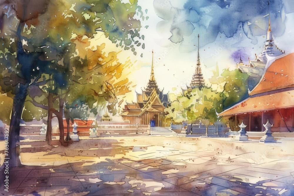 Obraz premium Fascinating watercolor paintings of Wat Phra Kaew Wat Phra Sri Rattana Satsadaram It is an elegant and revered Buddhist temple in Bangkok, Thailand.