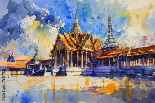 Fascinating watercolor paintings of Wat Phra Kaew Wat Phra Sri Rattana Satsadaram It is an elegant and revered Buddhist temple in Bangkok, Thailand. photo