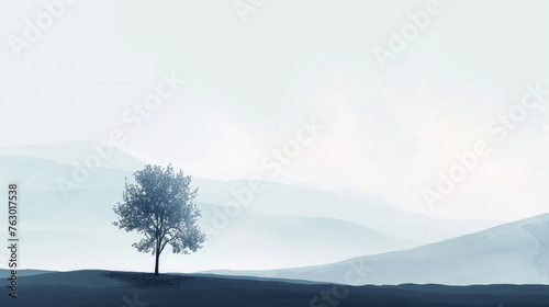 Solitary tree on a hazy landscape. Ethereal nature scene with soft pastel tones for tranquil background and minimalistic design with copyspace