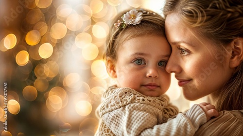 happy mother and daughter hugging over christmas lights bokeh background