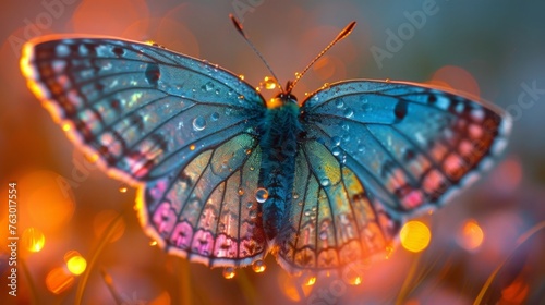 A close-up of a butterfly's wings each iridescent scale glistening with otherworldly light.