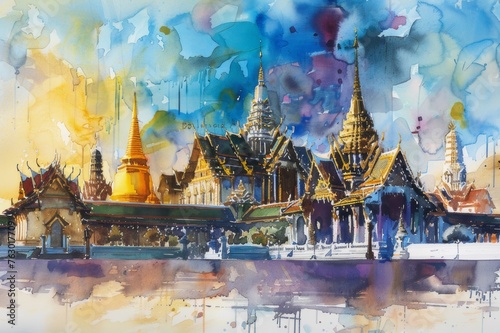 Fascinating watercolor paintings of Wat Phra Kaew Wat Phra Sri Rattana Satsadaram It is an elegant and revered Buddhist temple in Bangkok, Thailand.